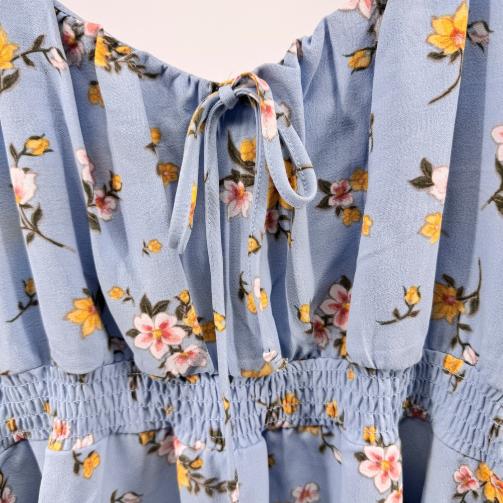Inspired Hearts Blue Floral Long Sleeve Romper Dress Smocked Tie Women's Size L - Picture 5 of 11